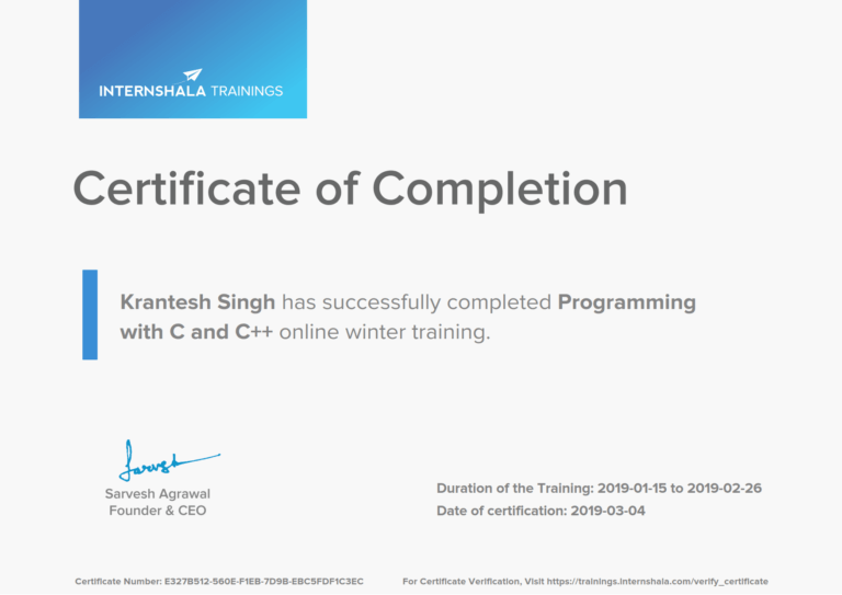 Programming with C and C++ Training - Certificate of Completion